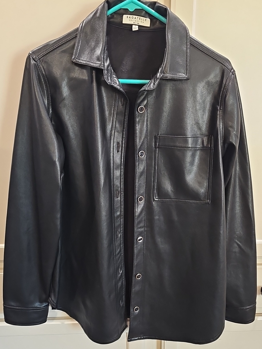 bagatelle Womens Black Faux Leather Button-Front Shirt Jacket
